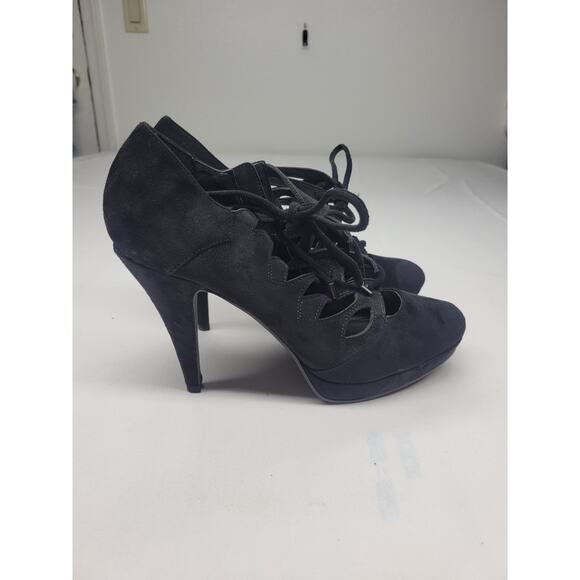 Impo Womens Heels Size 8.5M Faux Suede Black Lace Up Side Zipper Closed Toe - Picture 5 of 12